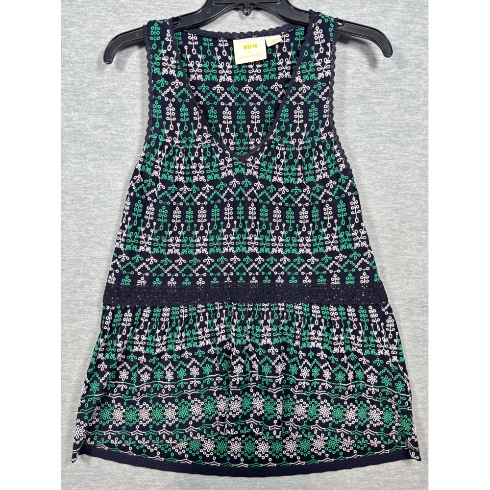 Maeve Anthropologie Tank Top Tunic XS Navy Blue Embroidered Boho Summer‎